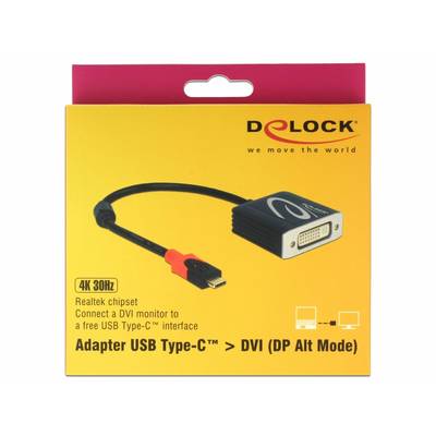 Verpackung eines Delock Adapters für USB Type-C zu DVI, mit '4K 30Hz' und Text: 'Connect a DVI monitor to a free USB Type-C interface'.