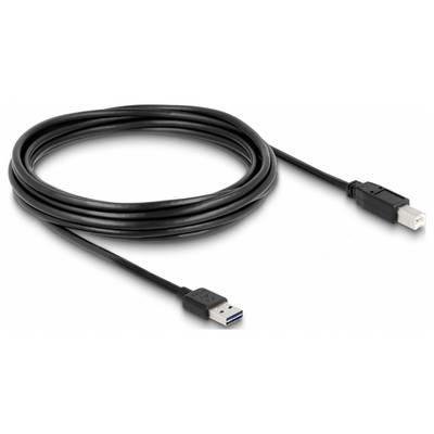 Ein schwarzes USB-Kabel mit einem USB-A-Stecker an einem Ende und einem USB-B-Stecker am anderen Ende, aufgerollt dargestellt.