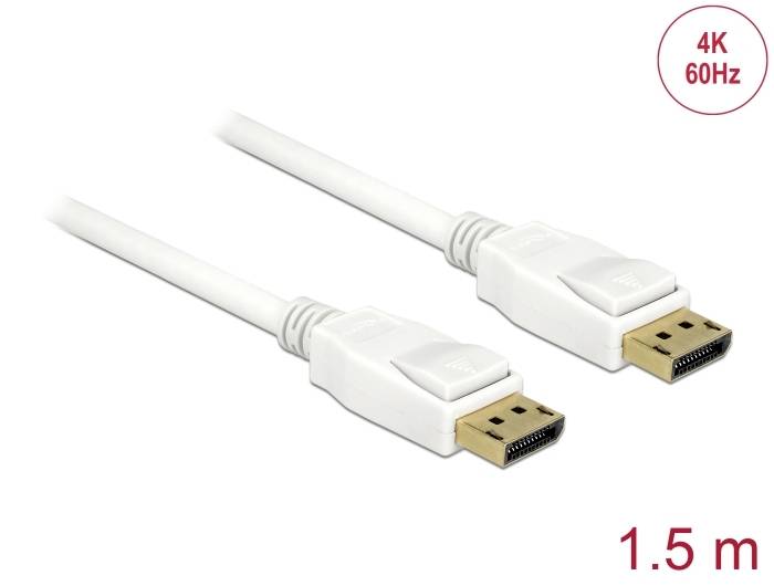 Weißes DisplayPort-Kabel, Länge: 1,5 m, unterstützt 4K bei 60 Hz für hochauflösende Videoübertragung.