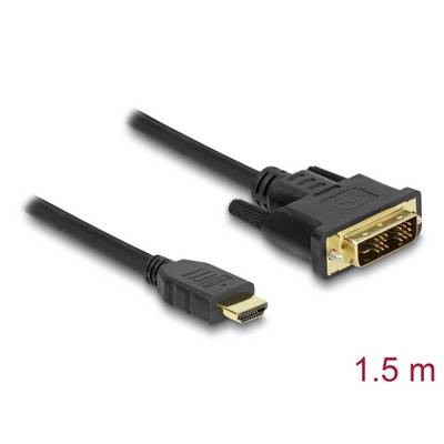 'Schwarzes Kabel mit HDMI-Anschluss auf der linken Seite und DVI-Anschluss auf der rechten Seite. Länge: 1,5 Meter.'
