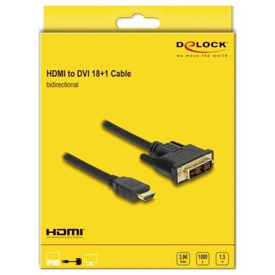 'HDMI auf DVI 18+1 Kabel, bidirektional, 1,5 m Länge' auf gelber Verpackung mit Bild des Kabels, Text '3.96 Gbps, 1080p'.
