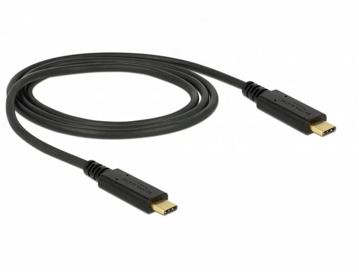 Ein schwarzes USB-C-Kabel mit zwei Steckern, die an beiden Enden sichtbar sind.