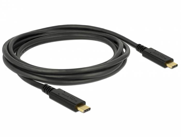 Ein schwarzes USB-C-auf-USB-C-Kabel, aufgerollt, mit goldenen Steckverbindern an beiden Enden.