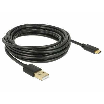 Ein schwarzes USB-Kabel mit einem USB-A-Stecker auf der einen und einem USB-C-Stecker auf der anderen Seite, aufgerollt dargestellt.