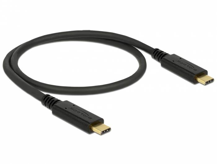 'Schwarzes USB-C-Kabel mit zwei Steckern, geeignet für Datenübertragung und Laden. Länge etwa 1,5 Meter.'