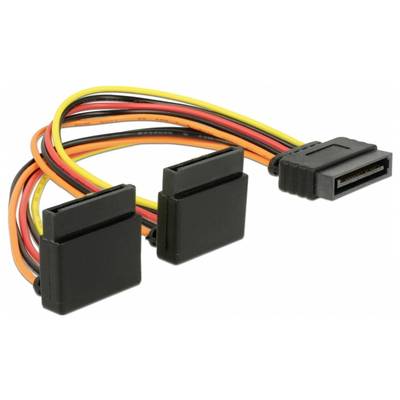 Zwei SATA-Stromkabel mit schwarzen Anschlüssen und gelben, roten und schwarzen Leitungen, die in Computergehäuse verwendet werden.