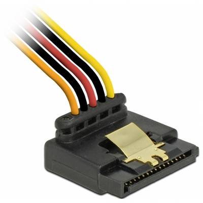 Ein SATA-Stromkabel mit schwarzem Anschluss und mehrfarbigen Drähten. Es verbindet Stromversorgung mit Computerkomponenten.