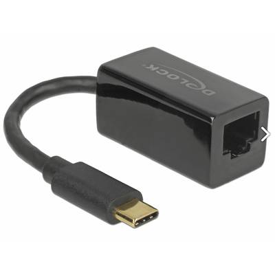 Ein schwarzer USB-C-zu-Ethernet-Adapter von Delock mit glänzendem Gehäuse, geeignet für Netzwerkverbindungen.