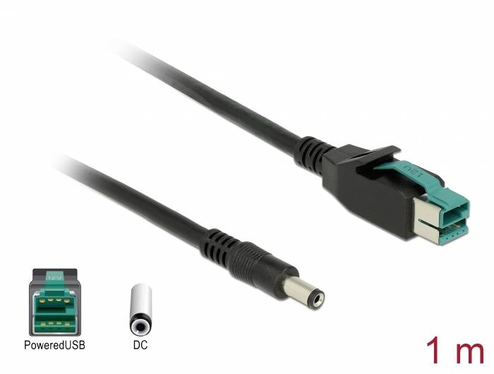 PoweredUSB-Kabel zu DC-Stecker, 1 Meter lang. Links: PoweredUSB-Stecker, rechts: DC-Stecker. Kabel für Stromversorgung.