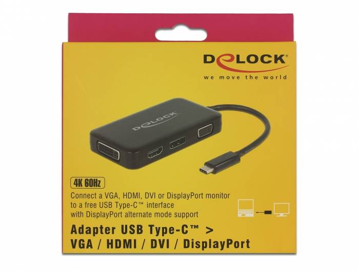 'Delock' Adapter für USB Type-C zu VGA, HDMI, DVI, DisplayPort, unterstützt 4K 60Hz. Verpackungsansicht zeigt Adapter und Logos.