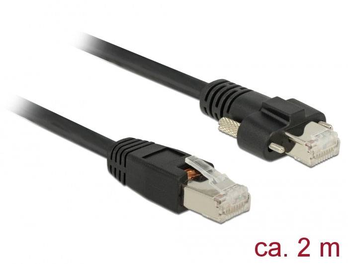 Zwei schwarze Ethernet-Kabel mit RJ45-Steckern, Länge ca. 2 Meter.