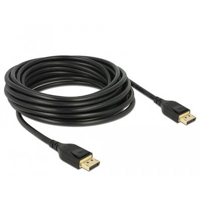 Ein schwarzes DisplayPort-Kabel, aufgerollt, mit zwei Steckern an den Enden, das zur Verbindung von Computern mit Monitoren dient.