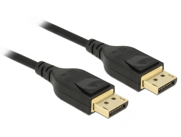 Ein schwarzes DisplayPort-Kabel mit zwei Steckern, die golden umrandet sind.
