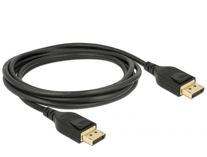 Ein schwarzes DisplayPort-Kabel mit zwei Steckern für die Übertragung von Video- und Audiosignalen zwischen Geräten.