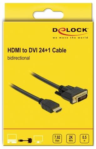 Gelbe Verpackung eines bidirektionalen HDMI-zu-DVI-Kabels von Delock. Unterstützt 7,92 Gbps, 2K bei 60 Hz, Länge 0,5 m.