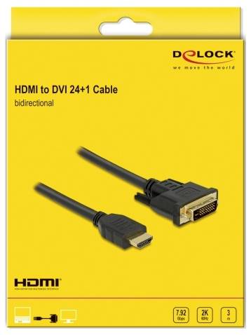 Gelbe Verpackung eines Delock HDMI zu DVI 24+1 Kabels, bidirektional, unterstützt 2K Auflösung, Länge 3m. Anzeige von HDMI- und DVI-Steckern.