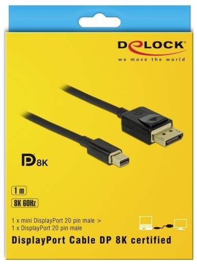 Ein gelbes Produktbild für ein DisplayPort-Kabel von Delock, geeignet für 8K bei 60Hz, Länge 1m, mit zwei Steckverbindern.