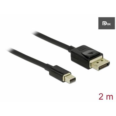 Schwarzes Kabel, 2 Meter lang, mit einem DisplayPort-Stecker und einem Mini DisplayPort-Stecker.