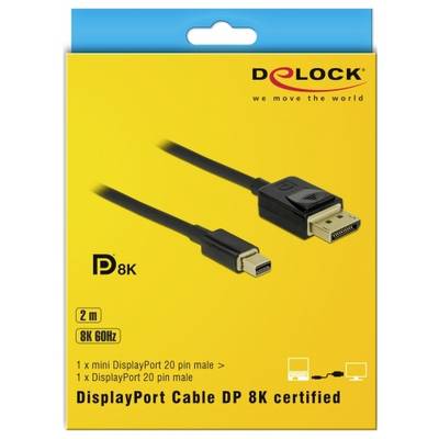 Verpackung eines schwarzen DisplayPort-Kabels, zertifiziert für 8K. Hervorgehobene Merkmale sind 2 Meter Länge und 8K 60Hz.