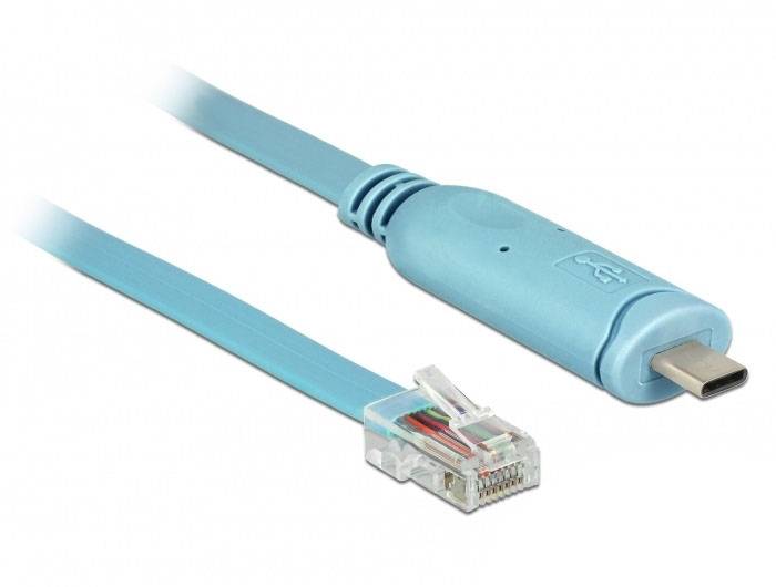 Ein blaues USB-C-auf-RJ45-Kabel für Netzwerkverbindungen. Links der RJ45-Stecker, rechts der USB-C-Stecker.