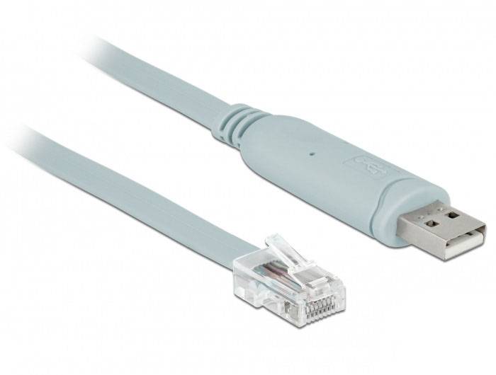 Ein USB-Kabel wird zu einem RJ11-Modularstecker verbunden. Das Kabel ist flach und grau, passende Verbindungslösung für modemspezifische Anwendungen.