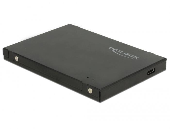 Ein flacher, schwarzer externer Blu-ray- und DVD-Brenner mit USB-Anschluss und dem Logo 'Delock' auf der Oberseite.