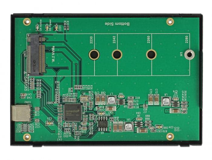 Grüne elektronische Leiterplatte mit verschiedenen Schaltkreisen, Chips und Anschlüssen. Markierungen zeigen 'bottom side'.