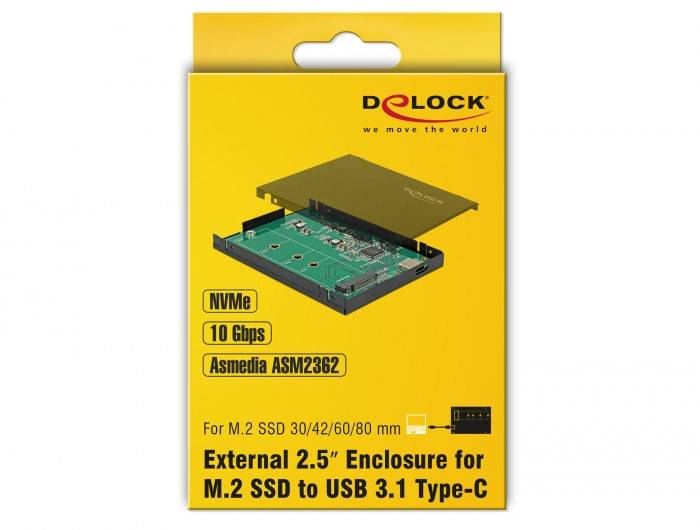 'M.2 SSD 30/42/60/80 mm externes Gehäuse zu USB 3.1 Type-C. NVMe, 10 Gbps, Asmedia ASM2362. Produktverpackung von Delock.'