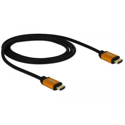 Ein HDMI-Kabel mit schwarzen Kabel und orangefarbenen Steckern, das zur Übertragung von Audio- und Videosignalen verwendet wird.