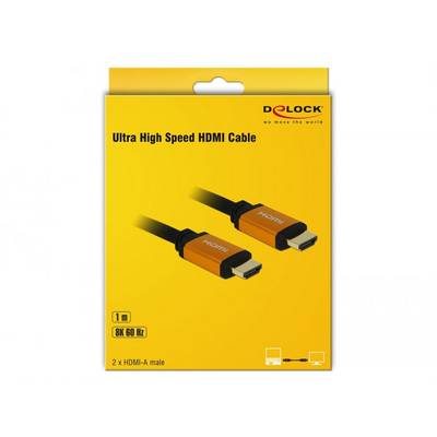 'Ultra High Speed HDMI-Kabel' von DeLOCK, 1 m Länge, 8K 60 Hz, mit zwei HDMI-A Steckern, Verpackungsabbildung.