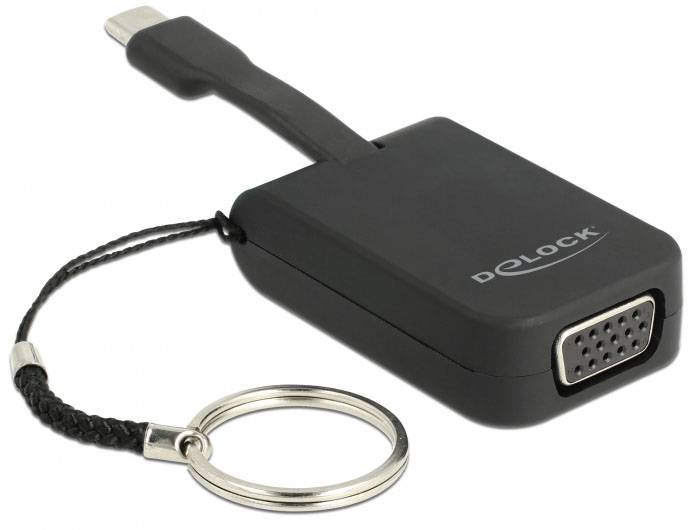 Schwarzer Delock-Adapter mit VGA-Anschluss und Schlüsselanhänger.