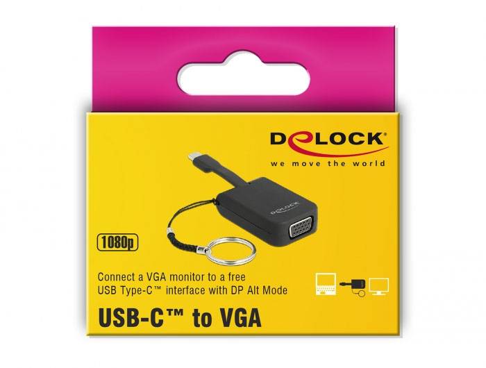 'USB-C™ to VGA' Adapter von DELOCK, unterstützt 1080p. Verpackung: gelb mit rotem Banner, Abbildung des Adapters und Anwendungsbeispiel.