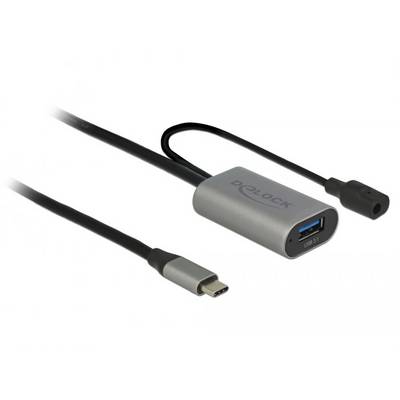 Ein silberner USB-C-Adapter mit USB-3.0- und HDMI-Anschluss. Links ein USB-C-Stecker, rechts ein HDMI-Port und ein USB-Anschluss.