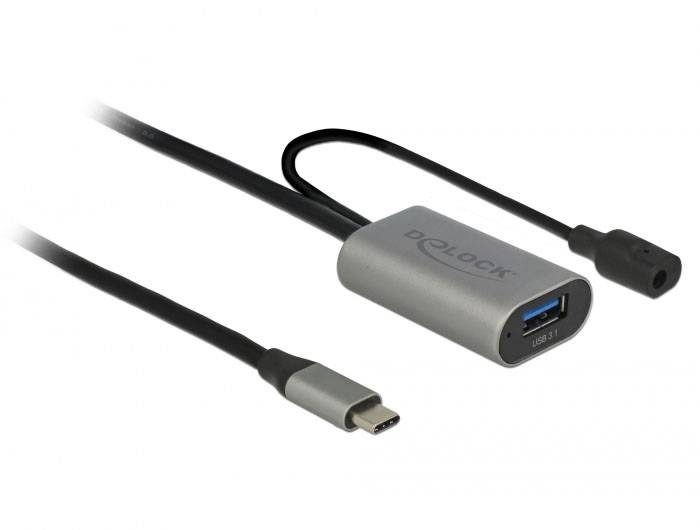'Graues USB-C auf USB-A Kabeladapter, Marke Delock, mit zusätzlichem Audioanschluss, geeignet für Laptops oder mobile Geräte.'