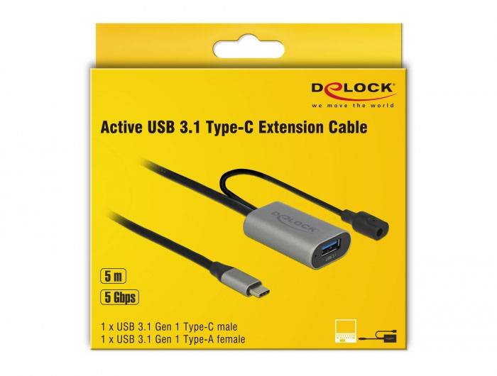 Verpackung eines 5-Meter USB 3.1 Type-C Verlängerungskabels von DELOCK, bietet 5 Gbps Geschwindigkeit, zeigt Stecker- und Buchsentypen.