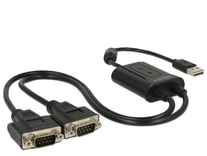 'USB-auf-Seriell-Adapter mit zwei seriellen RS-232-Anschlüssen, verbunden über ein USB-Kabel. Eignet sich zur Verbindung älterer Geräte.'