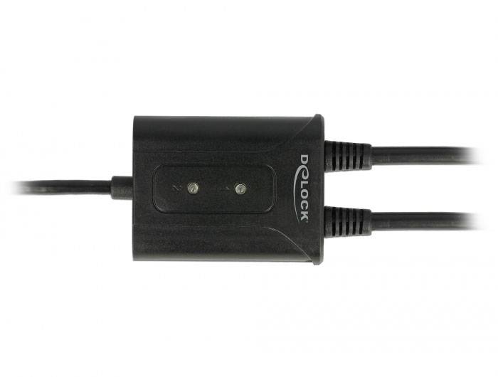 Ein schwarzer Adapter mit zwei Anschlüssen und dem Aufdruck 'DELOCK', möglicherweise für den Anschluss elektronischer Geräte.
