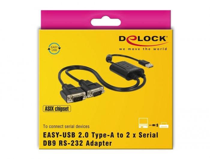 Verpackung eines Easy-USB 2.0 Type-A zu 2 x Serial DB9 RS-232 Adapters von Delock, zeigt Abbildung des Adapters und technische Details.