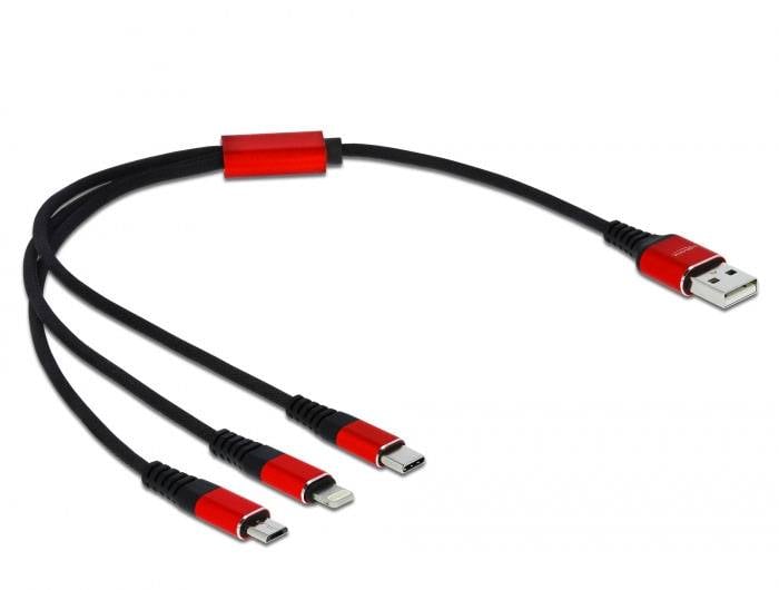Delock USB-Kabel USB 2.0 USB-A Stecker, USB-C® Stecker, USB-Micro-B Stecker, Apple Lightning Stecker 0.30 m Schwarz, Rot
