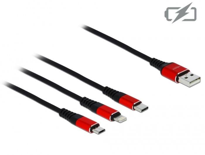 Vier Kabel in Rot und Schwarz mit unterschiedlichen Anschlüssen: USB, Lightning, zwei USB-C. Geeignet für verschiedene Geräte.