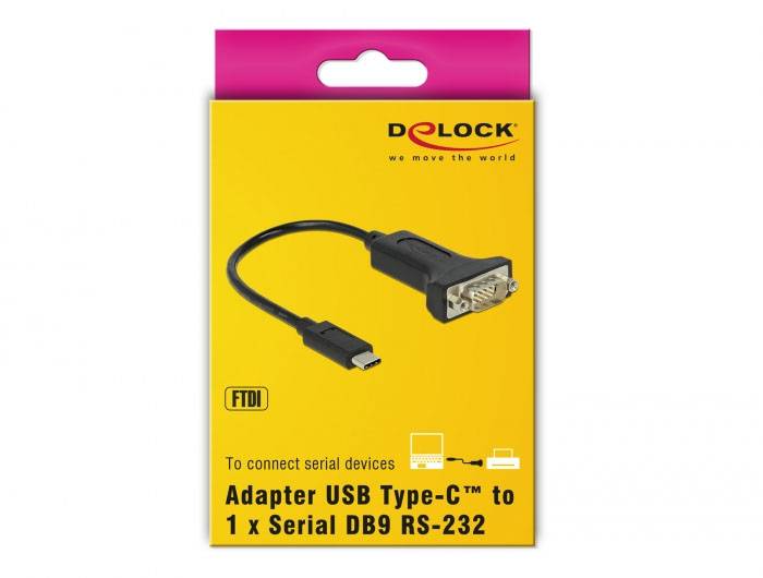 'Adapter USB Type-C™ to 1 x Serial DB9 RS-232' auf einer gelben Verpackung mit 'Delock'-Logo. Abgebildeter Adapter dient zum Verbinden serieller Geräte.