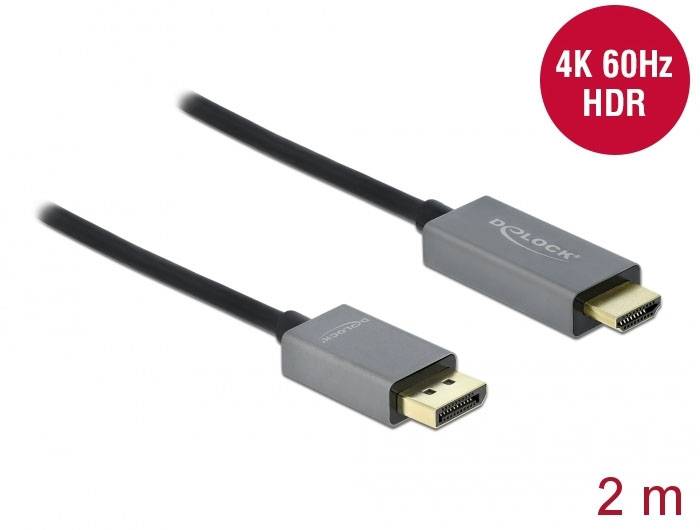 'DisplayPort-zu-HDMI-Kabel, 2 Meter, unterstützt 4K 60Hz und HDR. Kabel hat graue Anschlüsse mit Markenlogo.'