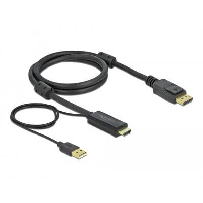 Ein schwarzes DisplayPort auf HDMI Kabel mit zwei Störschutzfiltern und zwei goldenen Steckern ist auf weißem Hintergrund abgebildet.