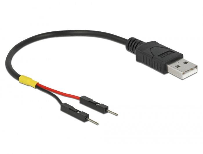 USB-Kabel mit schwarzen und roten Anschlussdrähten, geeignet für elektronische Verbindungen oder Ladefunktionen.