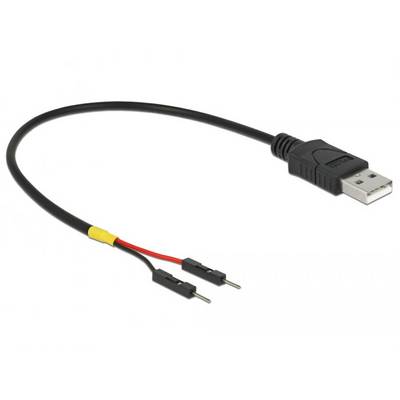 USB-Kabel mit zwei offenen Jumper-Drähten am anderen Ende, verwendbar für elektronische Verbindungen und Projekte.