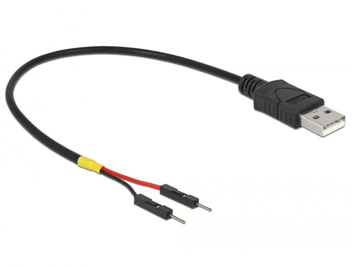 Ein USB-Kabel mit zwei herausgeführten Adern, einer roten und einer schwarzen, die in kleinen Steckverbindern enden.