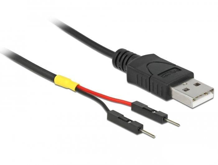 'USB-Kabel mit zwei Drahtenden, rot und schwarz mit Metallspitzen, zum Anschluss an elektronische Geräte.'