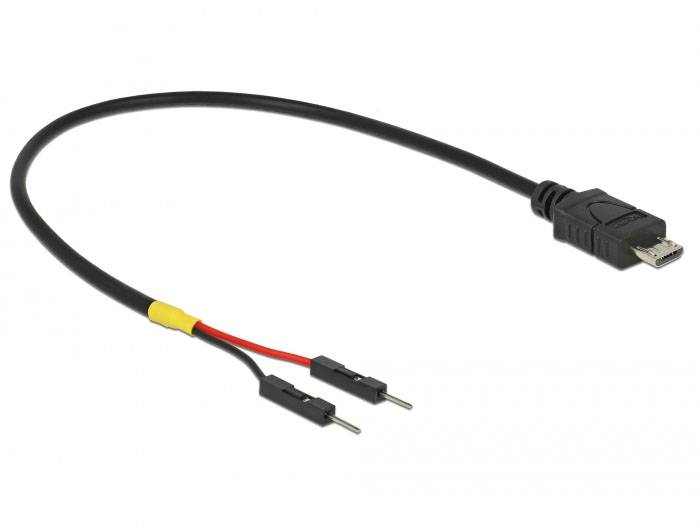 Ein Kabel mit einem Micro-USB-Stecker auf einer Seite und zwei roten und schwarzen Dupont-Steckern auf der anderen Seite.