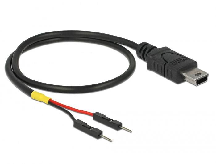 Ein schwarzes USB-Kabel, Mini-B-Stecker, endet in zwei Jumper Drähten, rot und schwarz, jeweils mit Pin-Anschlüssen.