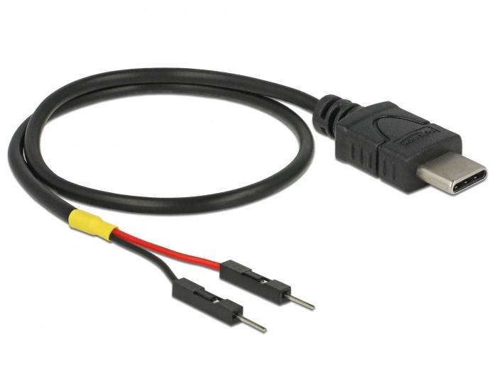 Ein schwarzes USB-C-Kabel mit Buchsensteckern an einem Ende und Krokodilklemmen auf zwei Drähten (eines rot, eines schwarz) am anderen Ende.